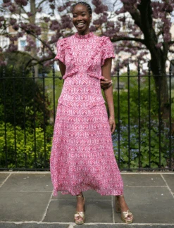 Mirabel Gold Metallic Fil Coupé Maxi Dress - Pink Carnation Print