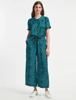 Rosa Silk Blend Trouser - Turquoise Blue Leopard Pansy Print