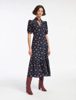 Rebecca Silk Midi Dress - Navy Posy Print -Cheap Closet Curation Store AU23 D562 REBECCA NAVYPINKPOSYPRINT LS 13782