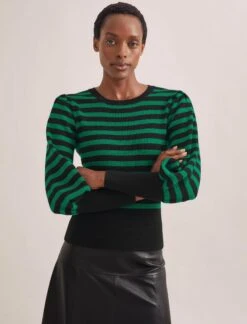 Eva Wool Crew Neck Jumper - Black Emerald Green Stripe -Cheap Closet Curation Store AU23 K88 EVA EMERALDBLACKSTRIPE SK119 TIANA BLACK 552