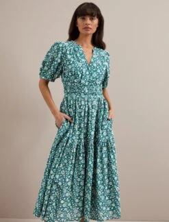 Olive Cotton Blend Midi Dress - Green Ditsy Carnation Print -Cheap Closet Curation Store AU24 D648 OLIVE GREEN DITSY CARNATION PRINT 2751