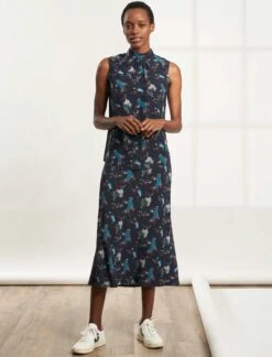 Erin Silk Sleeveless Funnel Neck Blouse - Navy Spiral Clouds Print -Cheap Closet Curation Store B122 ERIN NAVYSPIRALCLOUD LS 008