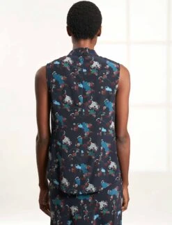 Erin Silk Sleeveless Funnel Neck Blouse - Navy Spiral Clouds Print -Cheap Closet Curation Store B122 ERIN NAVYSPIRALCLOUD LS 023