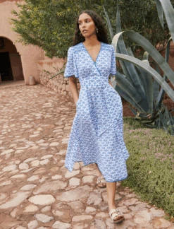 Gina Cotton Maxi Dress - Blue Diamond Geo Print -Cheap Closet Curation Store CEFINN 230405 1717