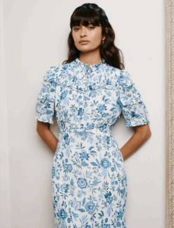 Viola Cotton Blend Bias Cut Maxi Dress - White Blue Palm Floral 13 Viola Cotton Blend Bias Cut Maxi Dress - White Blue Palm Floral -Cheap Closet Curation Store CEFINN 240201 3483