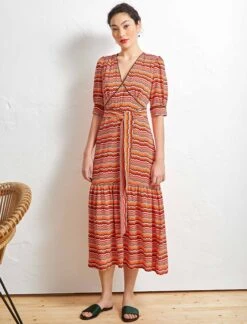 Maisie Ruffle Hem Maxi Tea Dress - Burnt Orange Chevron -Cheap Closet Curation Store D313 BURNT ORANGE CHEVRON LS 6707