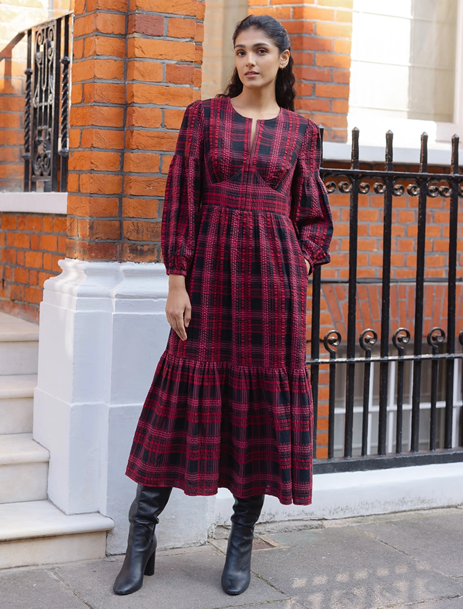 Daphne Organic Cotton Seersucker Maxi Dress - Red Black 3 Daphne Organic Cotton Seersucker Maxi Dress - Red Black