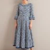 Elodie Cotton Blend Maxi Dress - Blue Mono Floral Print