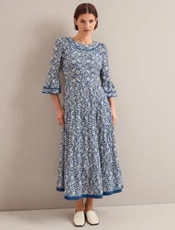 Elodie Cotton Blend Maxi Dress - Blue Mono Floral Print -Cheap Closet Curation Store ELODIE BLUE FLORAL 1156