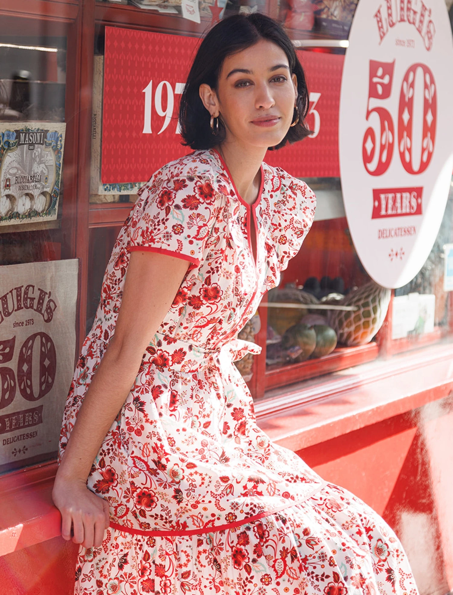 Nessa Organic Cotton Midi Dress - White Red Large Floral Print 4 Nessa Organic Cotton Midi Dress - White Red Large Floral Print - Image 2