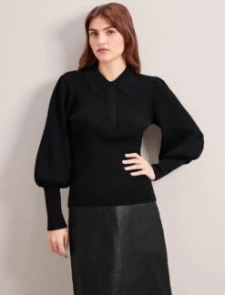 Eva Merino Wool Collared Jumper - Black -Cheap Closet Curation Store RSHT 143 EVA BLACK LS 0911
