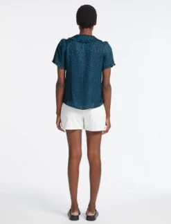 Rosa Silk Blend Blouse - Petrol Blue Leopard Pansy Print -Cheap Closet Curation Store RSHT B139 ROSA PETROL BLUE LS 4559