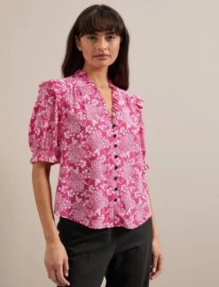 Stella Silk Blouse - Hot Pink Damask Print