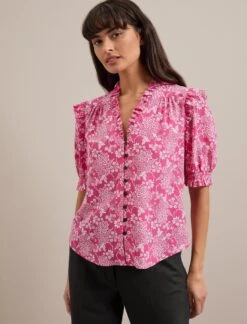 Stella Silk Blouse - Hot Pink Damask Print -Cheap Closet Curation Store RSHT B158 STELLA HOTPINKDAMASKPRINT LS 3208