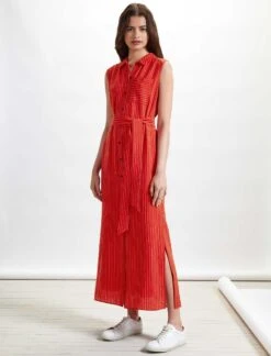 Ursula Sleeveless Maxi Shirt Dress With Pocket - Crimson/White Stripe