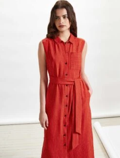 Ursula Sleeveless Maxi Shirt Dress With Pocket - Crimson/White Stripe -Cheap Closet Curation Store RSHT D295 URSULA CRIMSON WHITE STRIPE LS 3038 crop