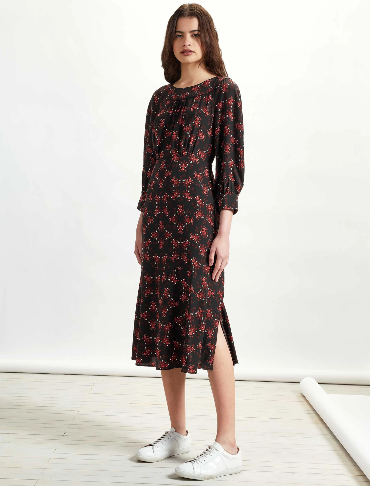 Darcie Long Sleeved Round Neck Midi Dress - Black/Crimson Floral 3 Darcie Long Sleeved Round Neck Midi Dress - Black/Crimson Floral