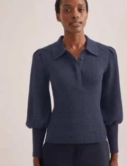 Eva Merino Wool Collared Jumper - Denim Blue -Cheap Closet Curation Store RSHT K143 EVA DENIMBLUE TR77 CLEMENT NAVY 1645