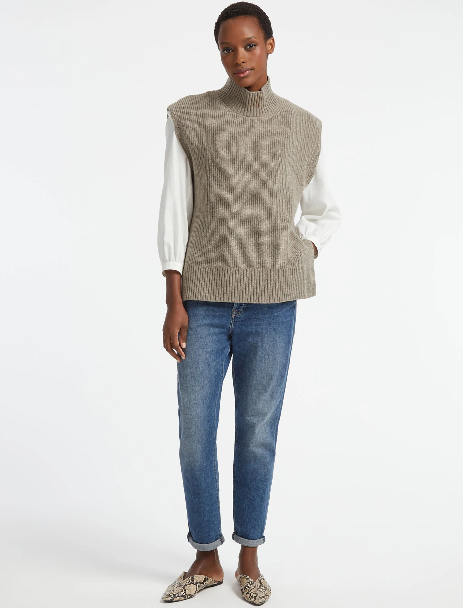 Janice Wool Funnel Neck Sleeveless Jumper - Taupe 4 Janice Wool Funnel Neck Sleeveless Jumper - Taupe - Image 2