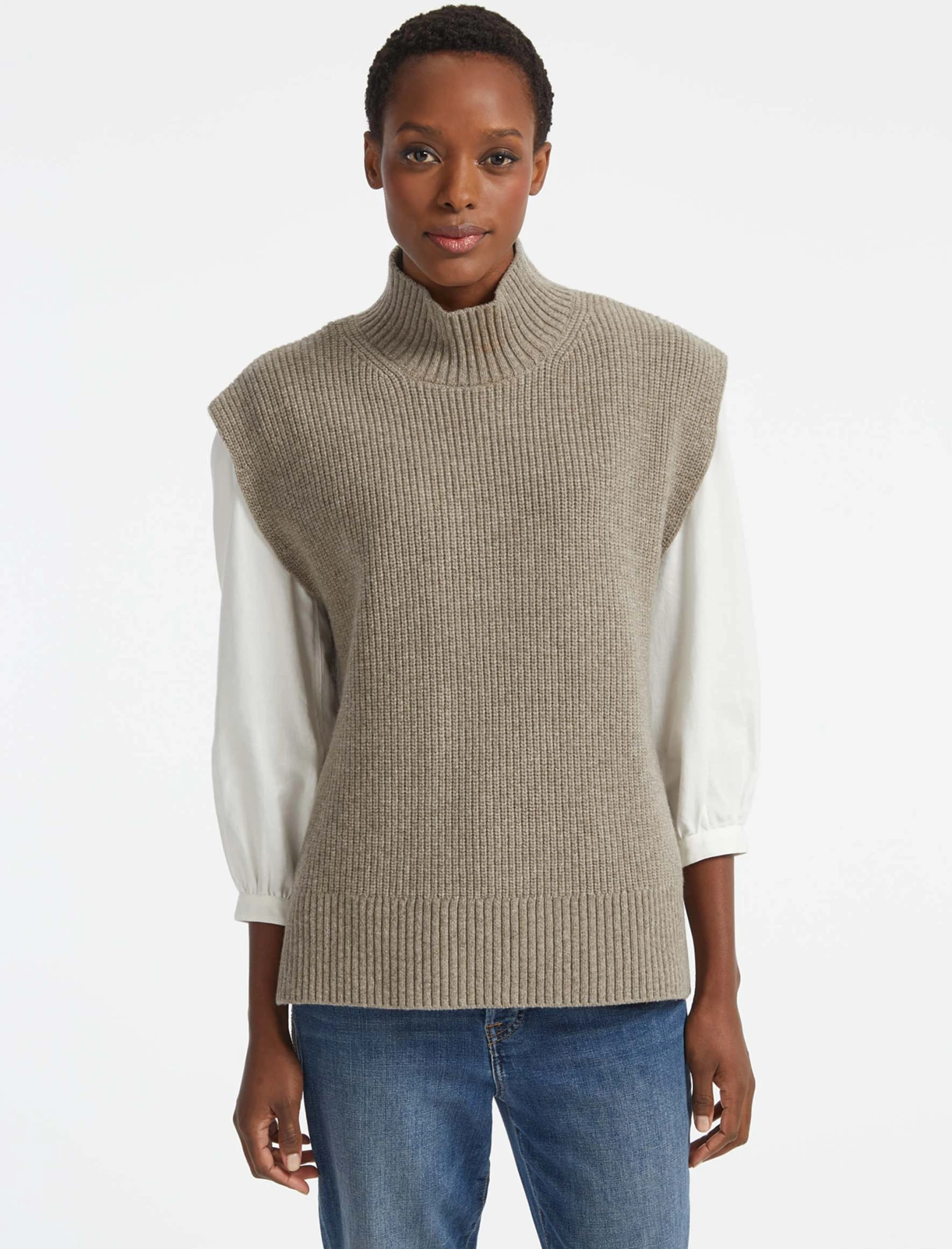 Janice Wool Funnel Neck Sleeveless Jumper - Taupe 3 Janice Wool Funnel Neck Sleeveless Jumper - Taupe