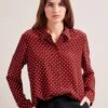 Skyla Silk Shirt - Lipstick White Polka Dot -Cheap Closet Curation Store RSHT S35 SKYLA LIPSTICKWHITEPOLKADOT LS 0056