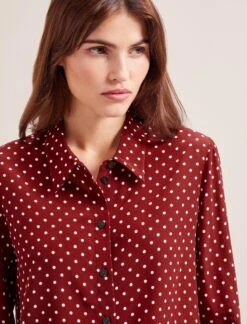Skyla Silk Shirt - Lipstick White Polka Dot -Cheap Closet Curation Store RSHT S35 SKYLA LIPSTICKWHITEPOLKADOT LS 0068
