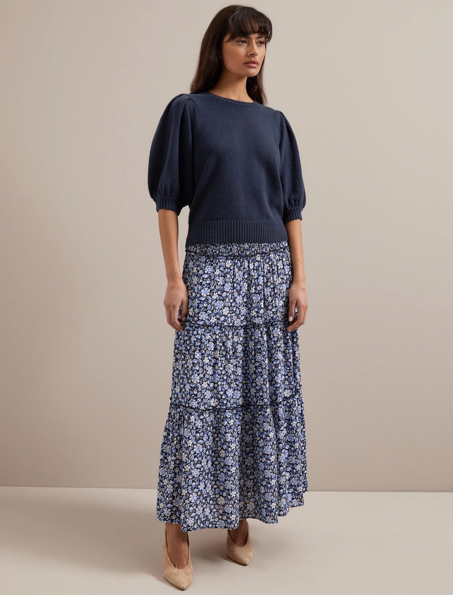 Kira Cotton Blend Maxi Skirt - Blue Ditsy Carnation Print 4 Kira Cotton Blend Maxi Skirt - Blue Ditsy Carnation Print - Image 2