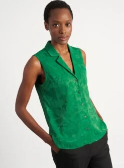 Spencer Sleeveless V-Neck Collared Shirt - Emerald Green Camo Jacquard -Cheap Closet Curation Store S40 SPENCER EMERALD LS 035