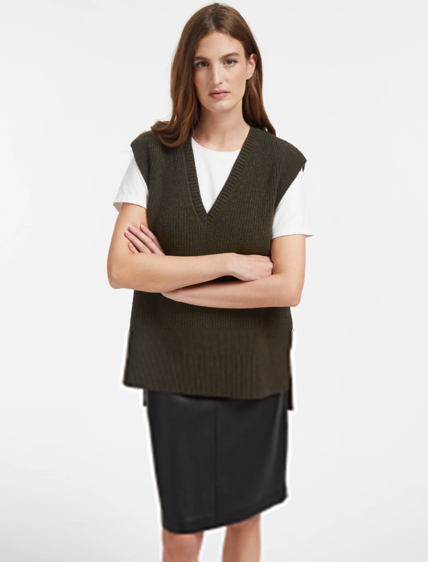 Janice Wool V Neck Sleeveless Jumper - Khaki 5 Janice Wool V Neck Sleeveless Jumper - Khaki - Image 3