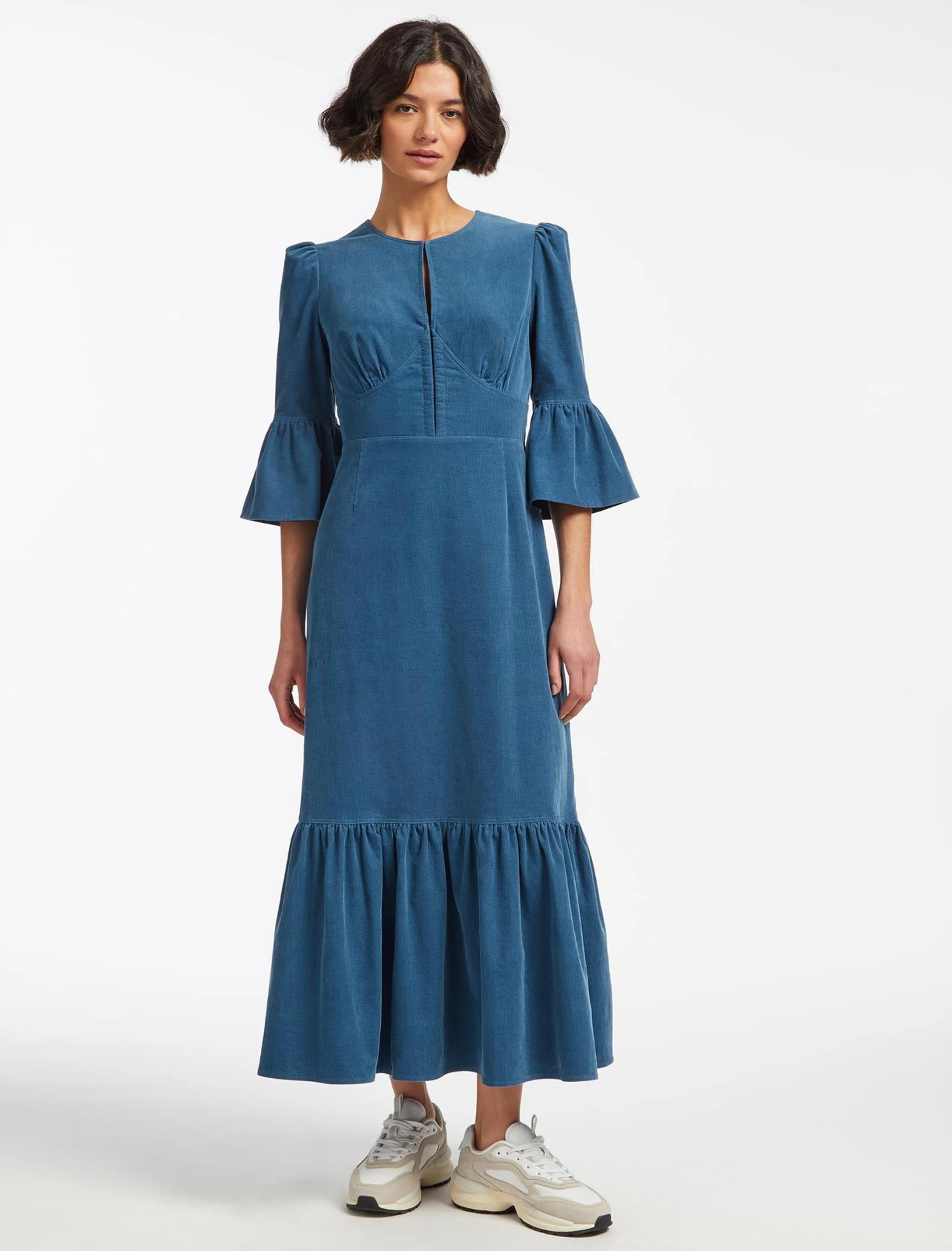 Daphne Pin Corduroy Round Neck Maxi Dress - Mid Blue 3 Daphne Pin Corduroy Round Neck Maxi Dress - Mid Blue