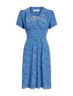 Gina Silk Knee Length Dress - Blue Lips Eyes Print -Cheap Closet Curation Store SP23 D499 S GINA BLUELIPSEYESPRINT CO