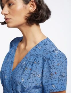 Gina Silk Knee Length Dress - Blue Lips Eyes Print -Cheap Closet Curation Store SP23 D499 S GINA BLUELIPSEYESPRINT LS 3591