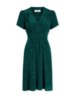 Gina Silk Knee Length Dress - Dark Green Lips Eyes Print -Cheap Closet Curation Store SP23 D499 S GINA DARKGREENLIPSEYESPRINT CO