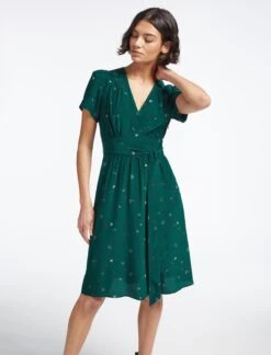 Gina Silk Knee Length Dress - Dark Green Lips Eyes Print -Cheap Closet Curation Store SP23 D499 S GINA DARKGREENLIPSEYESPRINT LS 3387