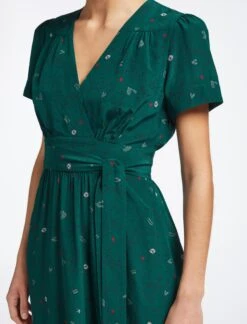 Gina Silk Knee Length Dress - Dark Green Lips Eyes Print -Cheap Closet Curation Store SP23 D499 S GINA DARKGREENLIPSEYESPRINT LS 3399