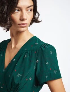 Gina Silk Knee Length Dress - Dark Green Lips Eyes Print -Cheap Closet Curation Store SP23 D499 S GINA DARKGREENLIPSEYESPRINT LS 3412