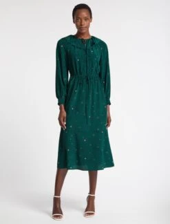 Georgia Silk Midi Dress - Dark Green Lips Eyes Print -Cheap Closet Curation Store SP23 D503 GEORGIA DARKGREENLIPSEYESPRINT LS 1791
