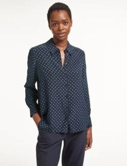Skyla Silk Shirt - Navy Turquoise Polka Dot -Cheap Closet Curation Store SP23 S35 SKYLA NAVYTURQUOISEPOLKADOT LS 0348