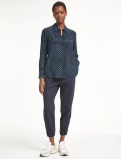 Skyla Silk Shirt - Navy Turquoise Polka Dot -Cheap Closet Curation Store SP23 S35 SKYLA NAVYTURQUOISEPOLKADOT LS 0371