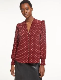 Stella Silk Shirt - Lipstick White Polka Dot -Cheap Closet Curation Store SP23 S46 STELLA LIPSTICKWHITEPOLKADOT LS 0469