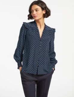 Stella Silk Shirt - Navy Turquoise Polka Dot -Cheap Closet Curation Store SP23 S46 STELLA NAVY TURQUOISE POLKA DOT LS 16179