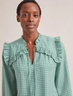 Bay Blouse - Ecru Green Houndstooth Print -Cheap Closet Curation Store SP24 B155 BAY ECRUGREENHOUNDSTOOTHPRINT LS 1069