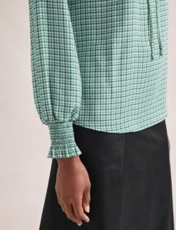 Bay Blouse - Ecru Green Houndstooth Print -Cheap Closet Curation Store SP24 B155 BAY ECRUGREENHOUNDSTOOTHPRINT LS 1073