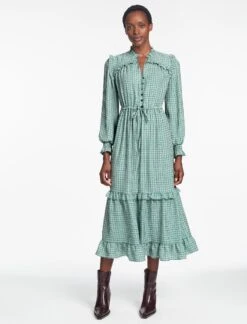 Loretta Maxi Dress - Ecru Green Houndstooth Print -Cheap Closet Curation Store SP24 D616 LORETTA GREEN BLACK TRELLIS PRINT LS 847