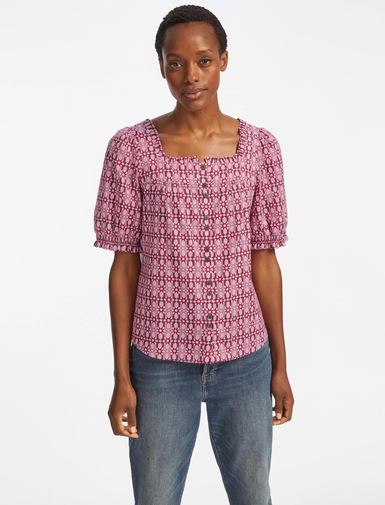 Shannon Organic Cotton Shirt - Pink Geo Star Print 3 Shannon Organic Cotton Shirt - Pink Geo Star Print