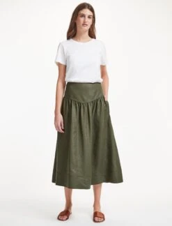 Lyla Techni Linen Midi Skirt - Khaki