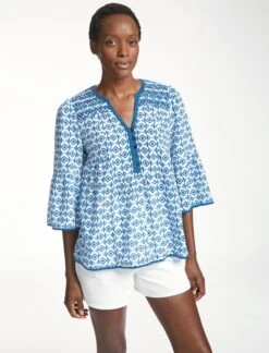 Hester Cotton Blouse - Blue Diamond Geo Print -Cheap Closet Curation Store SU23 B150 HESTER BLUEDIAMONDGEOPRINT LS0084