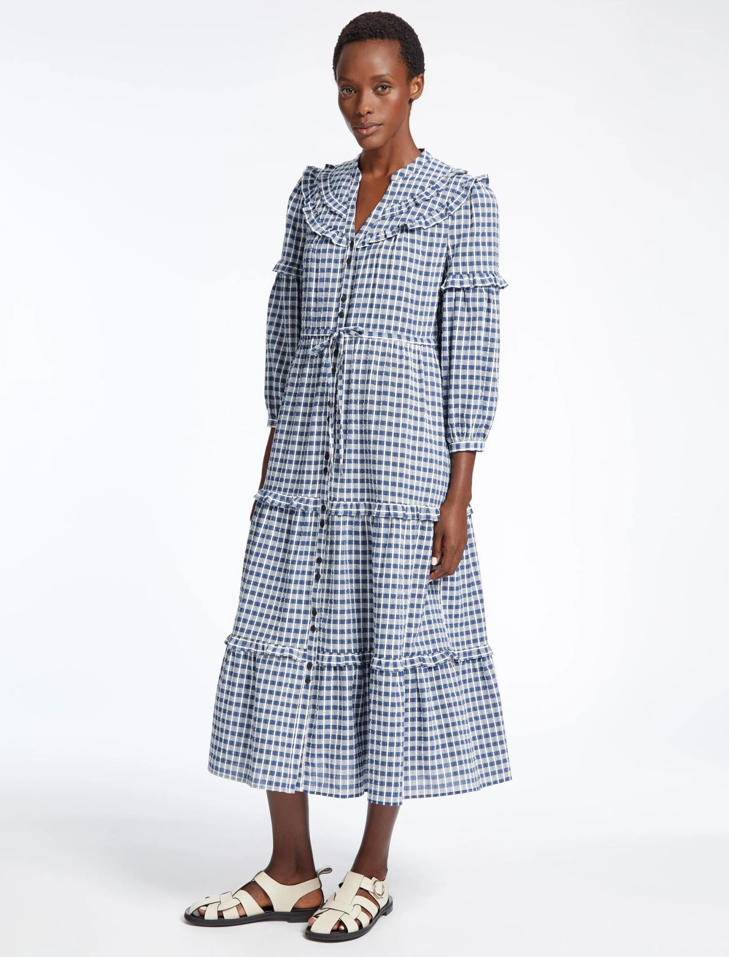Suki Organic Cotton Seersucker Maxi Dress - Blue White Check 5 Suki Organic Cotton Seersucker Maxi Dress - Blue White Check - Image 3