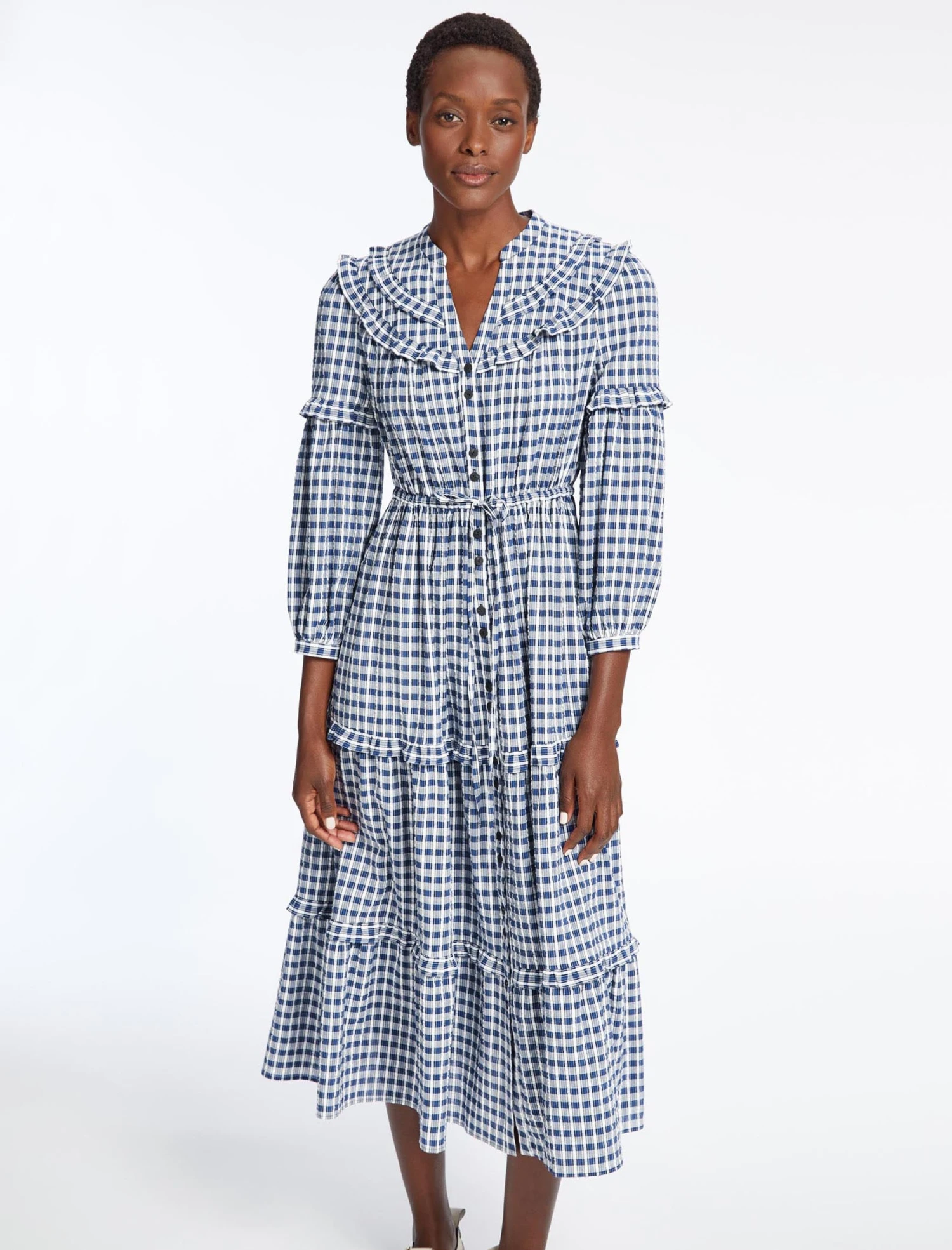 Suki Organic Cotton Seersucker Maxi Dress - Blue White Check 7 Suki Organic Cotton Seersucker Maxi Dress - Blue White Check - Image 5