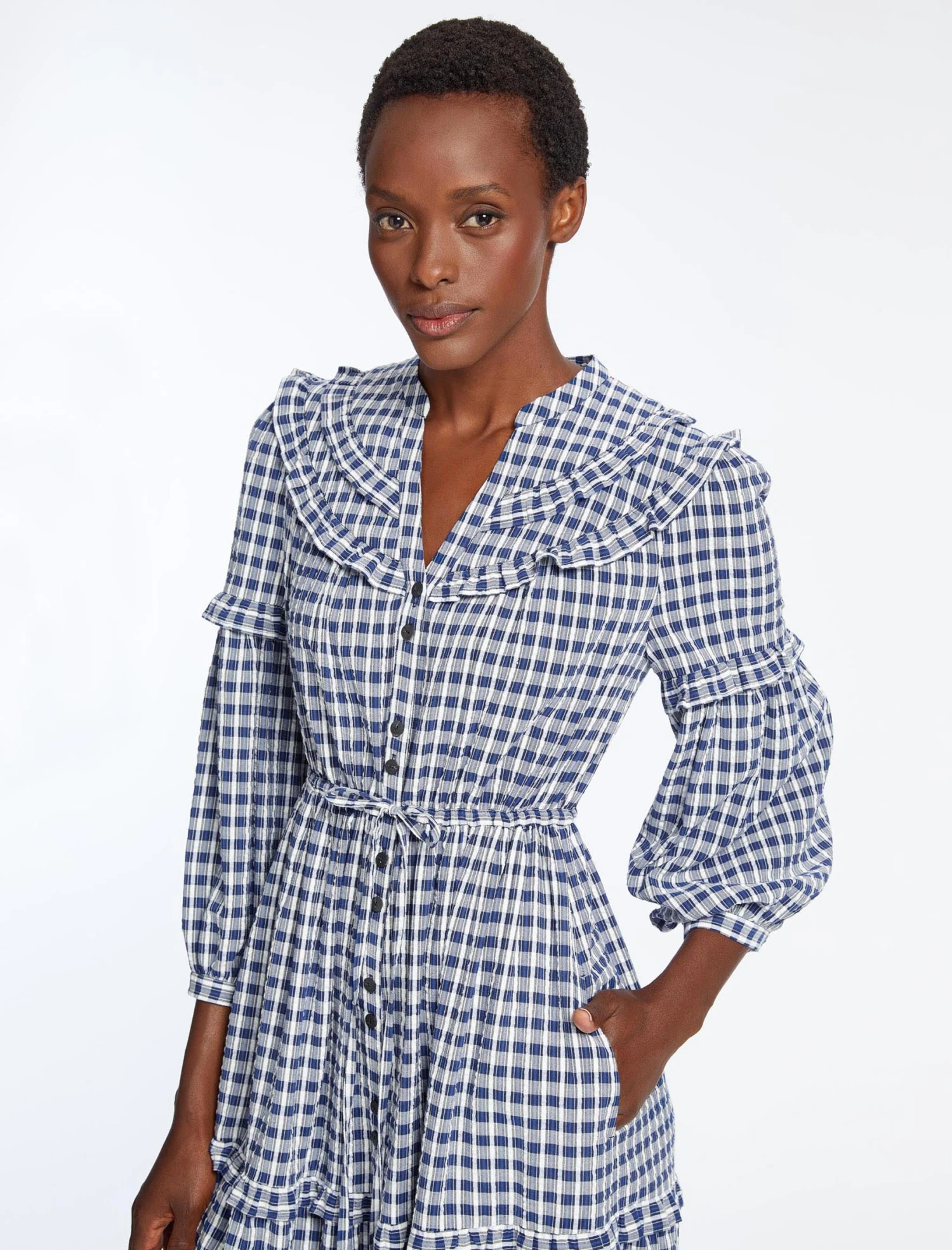Suki Organic Cotton Seersucker Maxi Dress - Blue White Check 4 Suki Organic Cotton Seersucker Maxi Dress - Blue White Check - Image 2